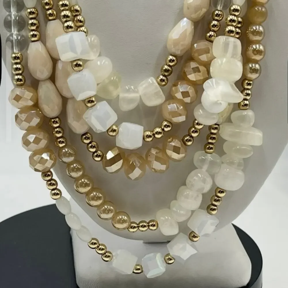 Natasha MultiStrand Layered Peach Opal White AB Beaded Statement Necklace‎